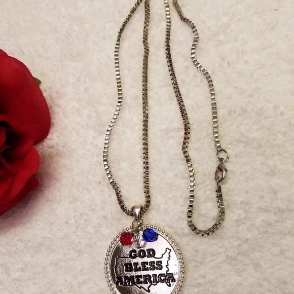 Hand Crafted Pendant Necklace “God Bless America” Charm Red Blue Crystal - Picture 5 of 8